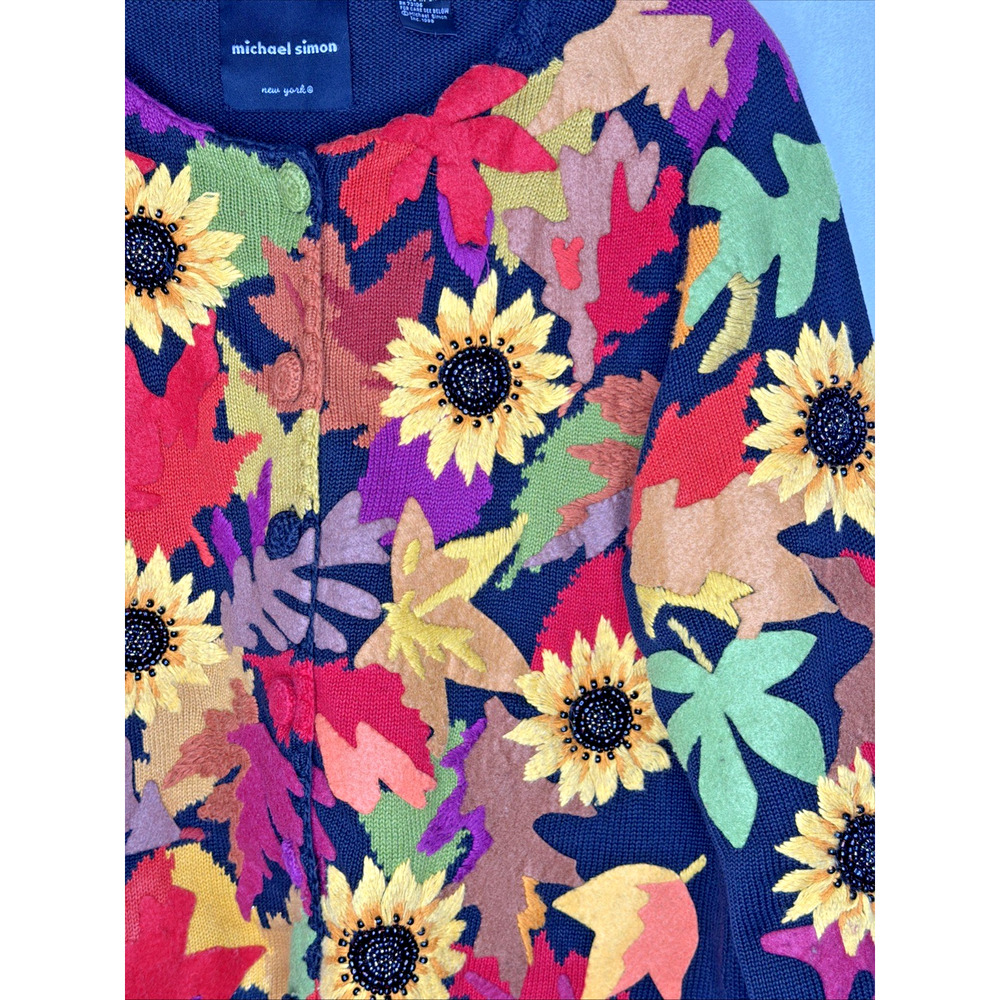 VTG Michael Simon L Embroidered Sunflower Sweater Cardigan Fall Autumn Halloween - Picture 8 of 11